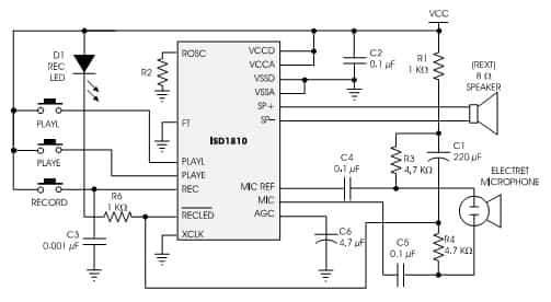 ISD1810 8-16秒 / 10秒录放音语音芯片 产品应用资料 产品描述: ISD1810是一颗支持8-16秒的10秒录放音语音芯片,通过振荡电阻来进行秒数的调节,振荡电阻脚位为ROSC Pin,以实现用户的功能所需... 下面是振荡电阻所对应的录放秒数和时间列表 环-芯